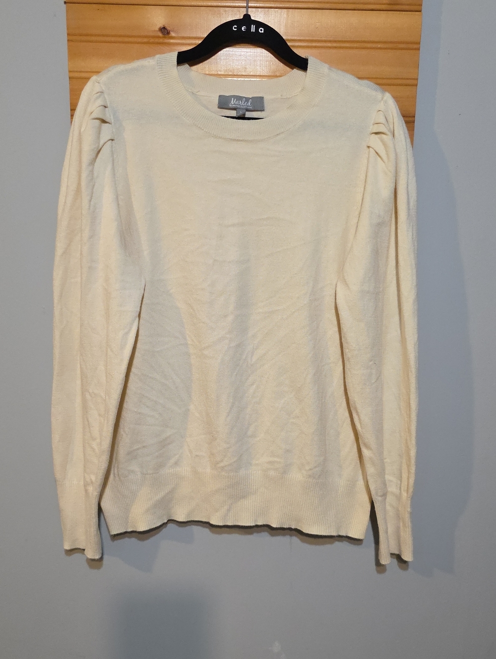 Marled Cream Puff-Sleeve Crewneck Sweater Large